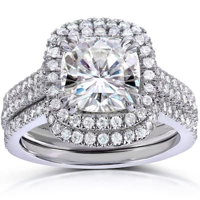 Annello by Kobelli 14k White Gold 2ct TGW Moissanite 5/8ct TDW Diamond Halo Bridal Set