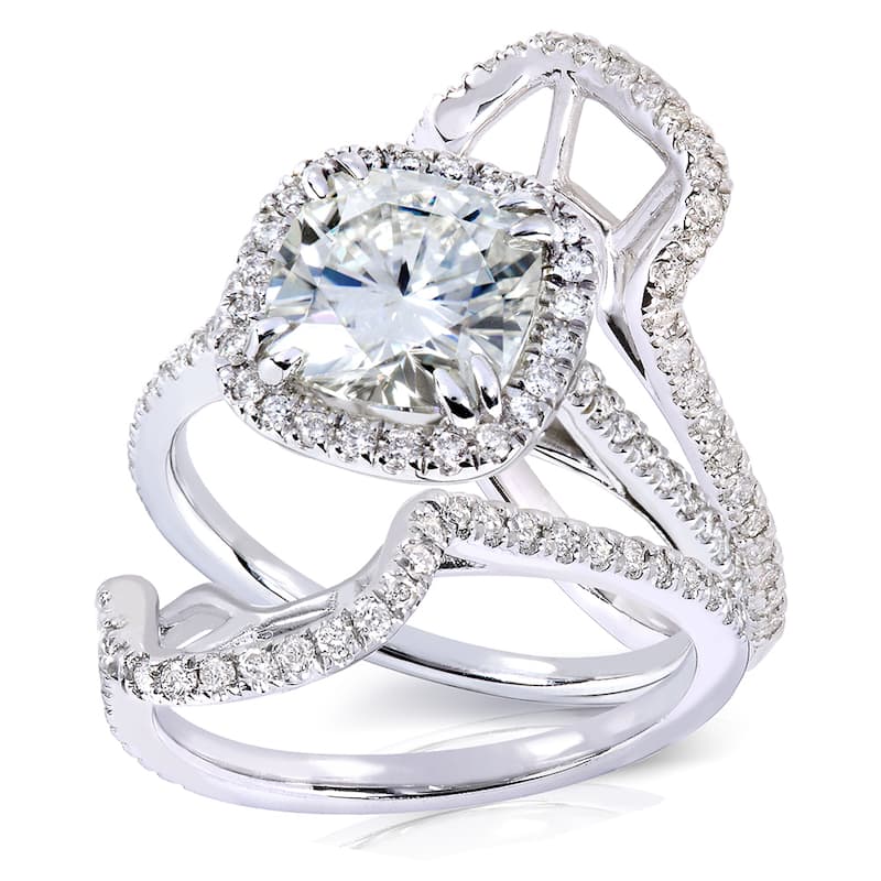 Annello by Kobelli 14k White Gold 2ct TGW Moissanite 5/8ct TDW Diamond Halo Bridal Set