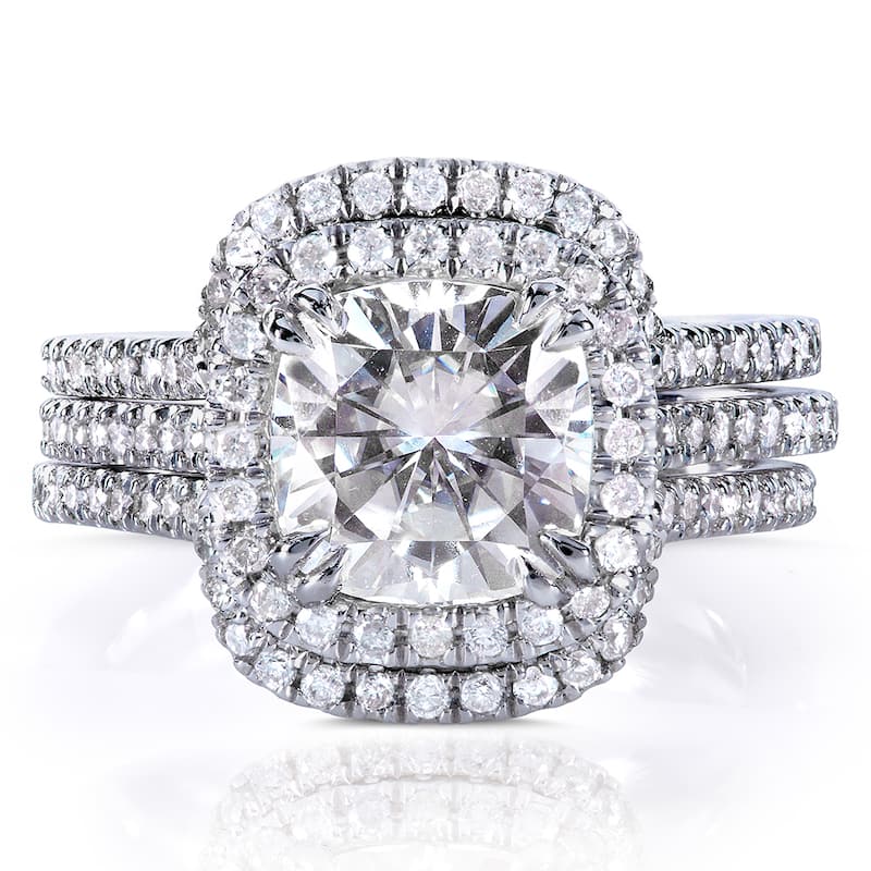 Annello by Kobelli 14k White Gold 2ct TGW Moissanite 5/8ct TDW Diamond Halo Bridal Set