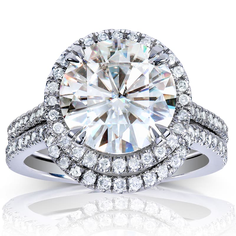 Annello by Kobelli 14k White Gold 3 1/2 Round-cut Moissanite and Halo Diamond Bridal Set - 4