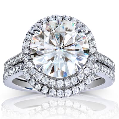 Annello by Kobelli 14k White Gold 3 1/2 Round-cut Moissanite and Halo Diamond Bridal Set