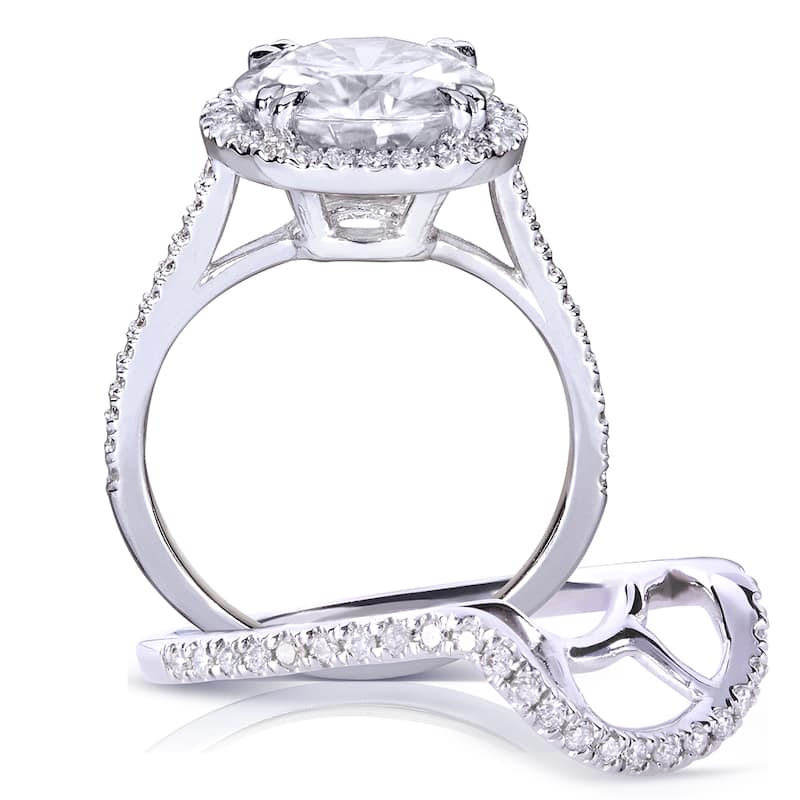 Annello by Kobelli 14k White Gold 3 1/2 Round-cut Moissanite and Halo Diamond Bridal Set