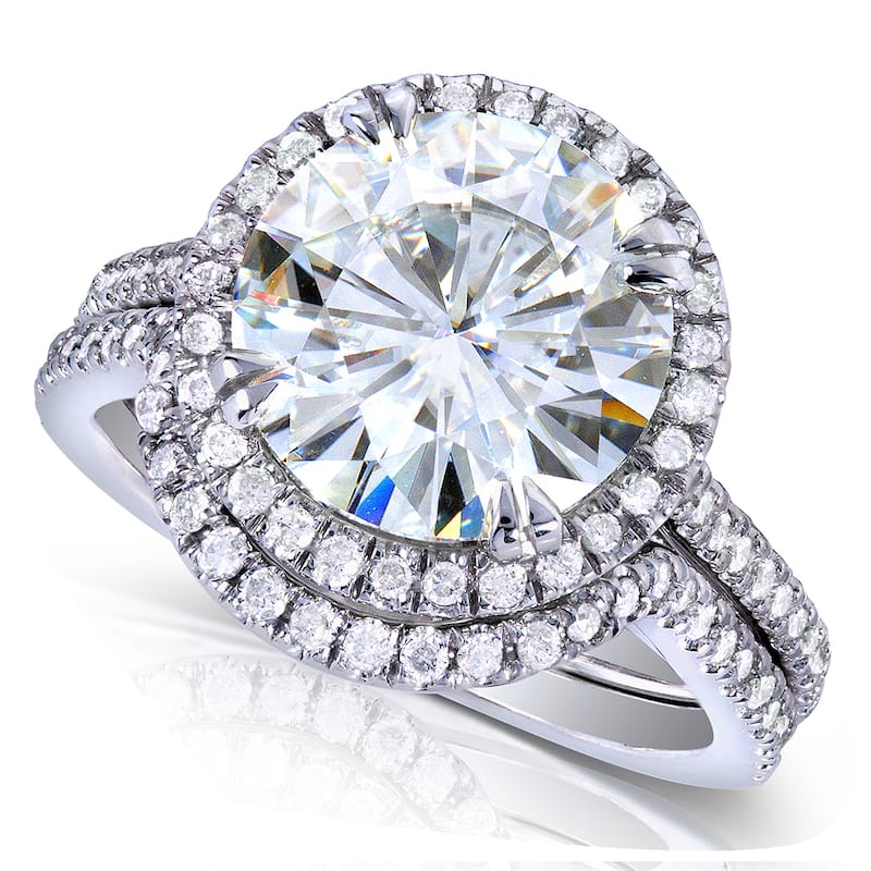 Annello by Kobelli 14k White Gold 3 1/2 Round-cut Moissanite and Halo Diamond Bridal Set