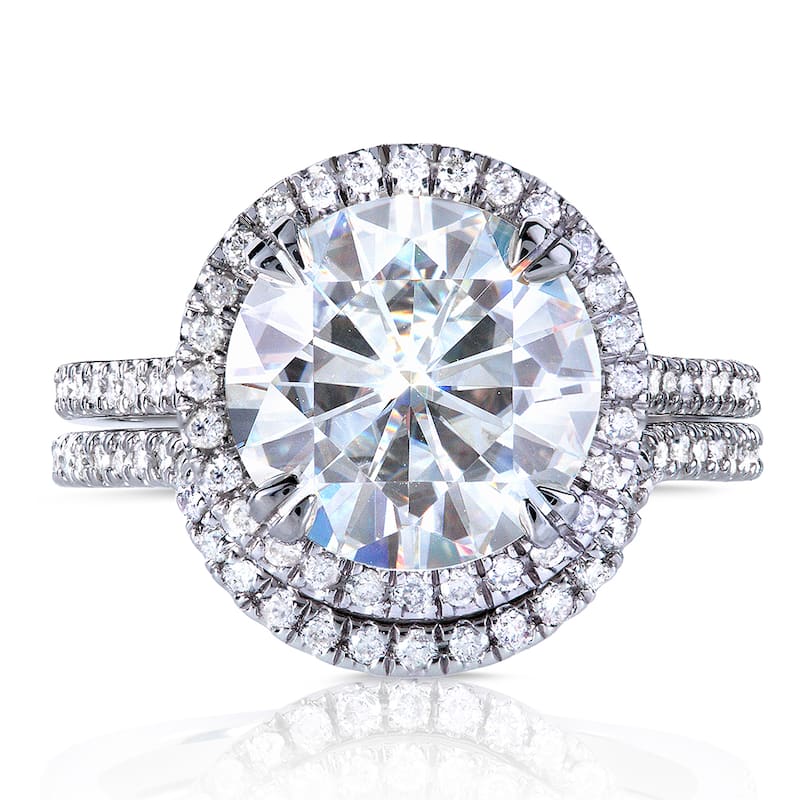 Annello by Kobelli 14k White Gold 3 1/2 Round-cut Moissanite and Halo Diamond Bridal Set