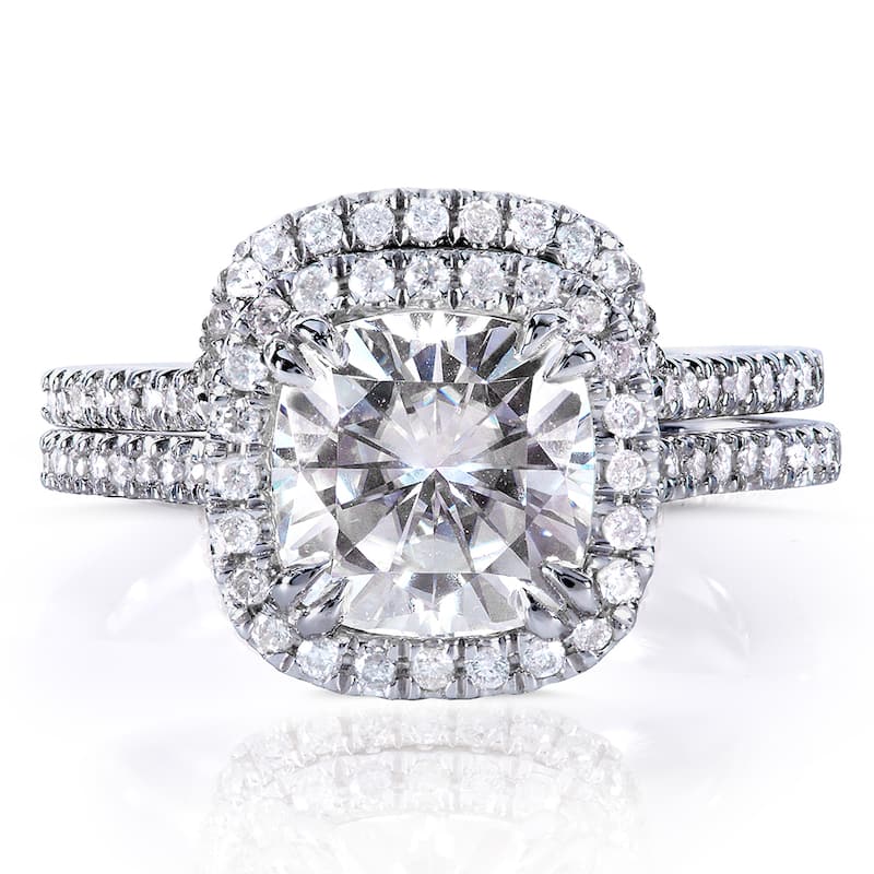Annello by Kobelli 14k White Gold 2 1/2ct TGW Cushion-cut Moissanite and Diamond Halo Bridal Rings Set (2 Piece Set)