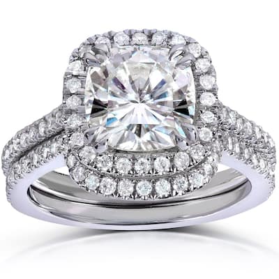 Annello by Kobelli 14k White Gold 2 1/2ct TGW Cushion-cut Moissanite and Diamond Halo Bridal Rings Set (2 Piece Set)