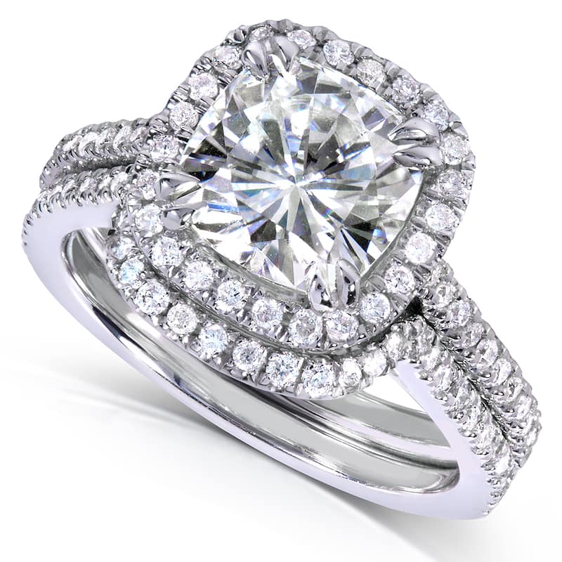 Annello by Kobelli 14k White Gold 2 1/2ct TGW Cushion-cut Moissanite and Diamond Halo Bridal Rings Set (2 Piece Set)
