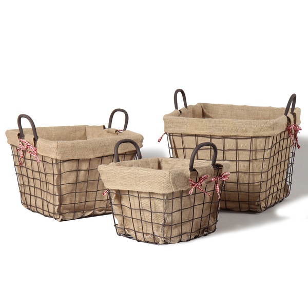 Iron Rectangular Rustic Burlap Lined Baskets (Set of 3)