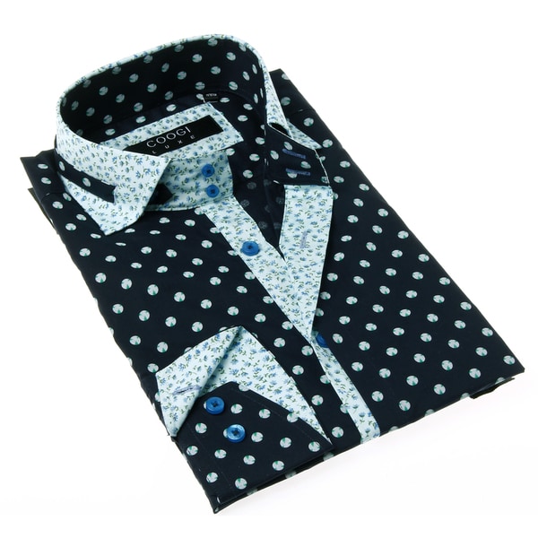 Coogi Luxe Mens Button up Navy Blue and White Dot Dress Shirt