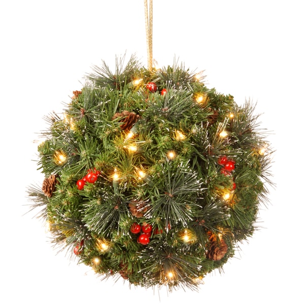 16 inch Crestwood Spruce LED Kissing Ball with Silver Bristle, Cones