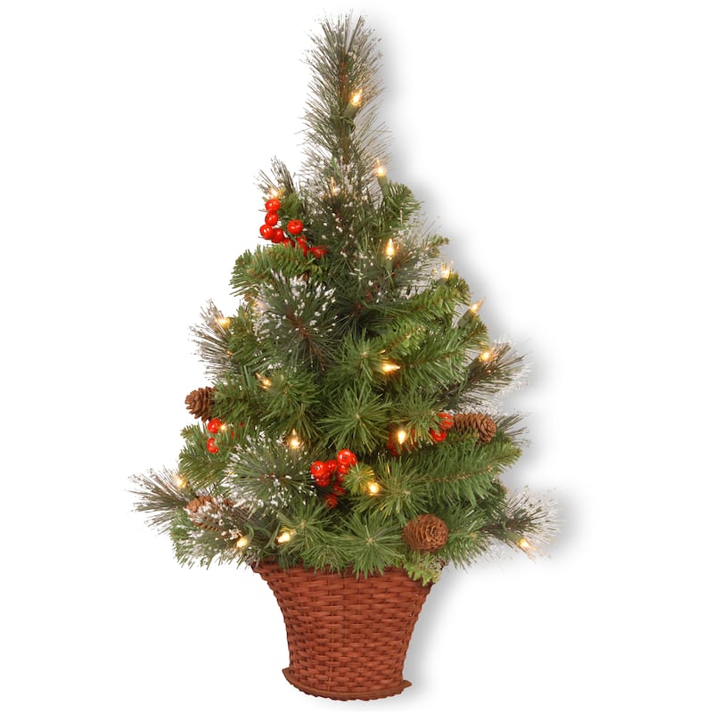 National Tree Company 3 ft. Crestwood Spruce Half Tree Basket with Silver Bristle, Cones, Red Berries and Glitter - 3 ft - 3 ft - Green