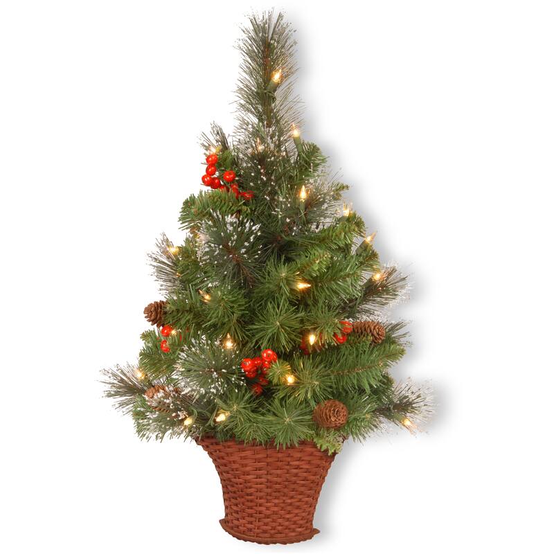 National Tree Company 3 ft. Crestwood Spruce Half Tree Basket with Silver Bristle, Cones, Red Berries and Glitter - 3 ft