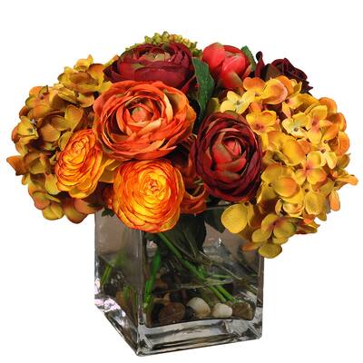 Ranunculus Hydrangea Roses Centerpiece In 10-inch Square Glass Vase