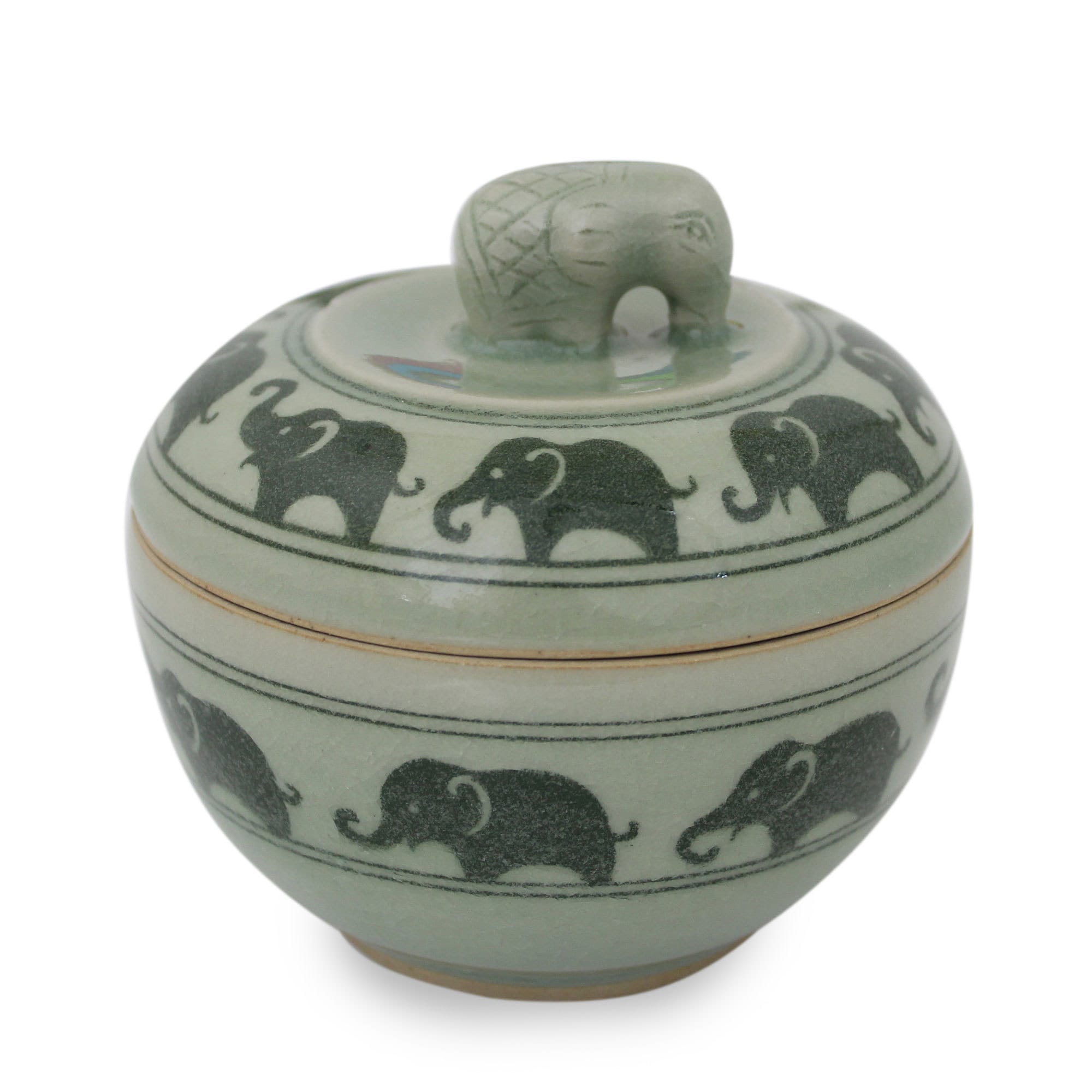 Handmade Celadon Ceramic 'Elephants On Parade' Box...