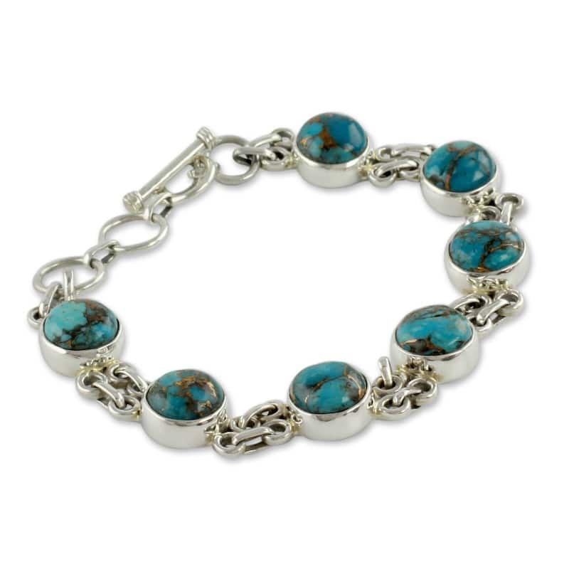 Handmade Sterling Silver Sky Paths Turquoise Link Bracelet (7.25 IN) (India)