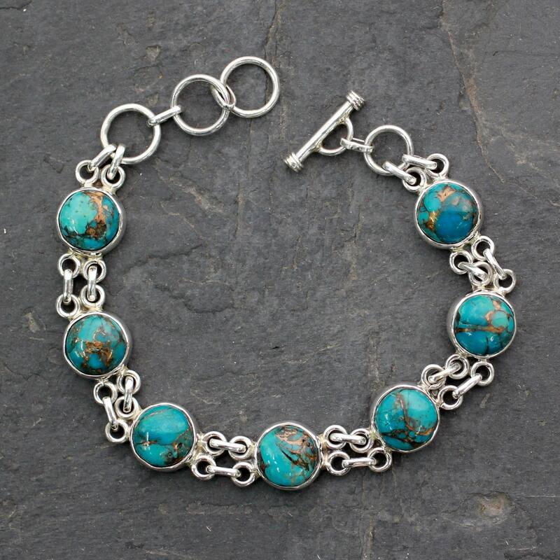 Handmade Sterling Silver Sky Paths Turquoise Link Bracelet (7.25 IN) (India)