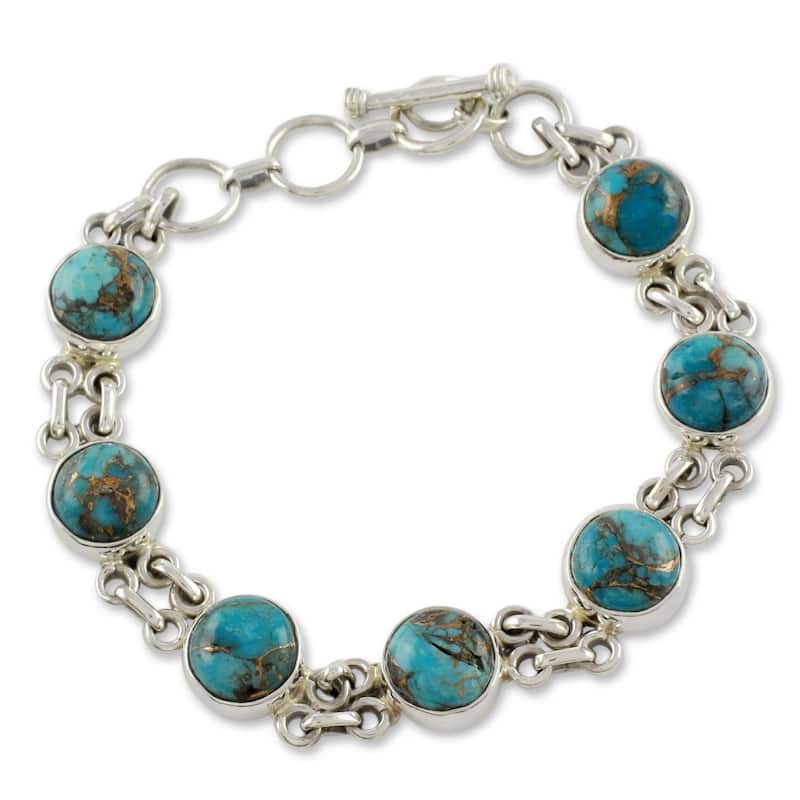 Handmade Sterling Silver Sky Paths Turquoise Link Bracelet (7.25 IN) (India) - White - Turquoise - Blue - 7.25 Inch