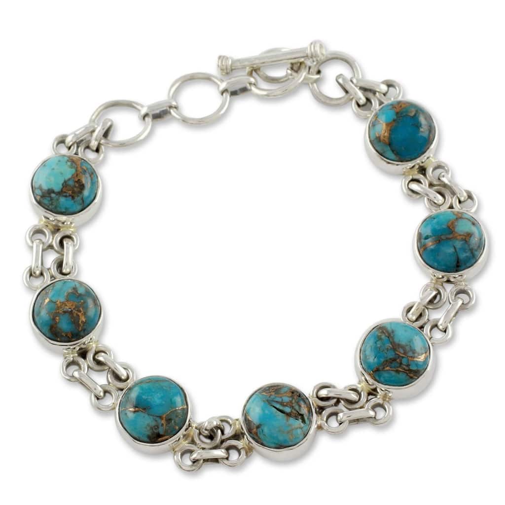 Handmade Sterling Silver Sky Paths Turquoise Link Bracelet (7.25 IN) (India)