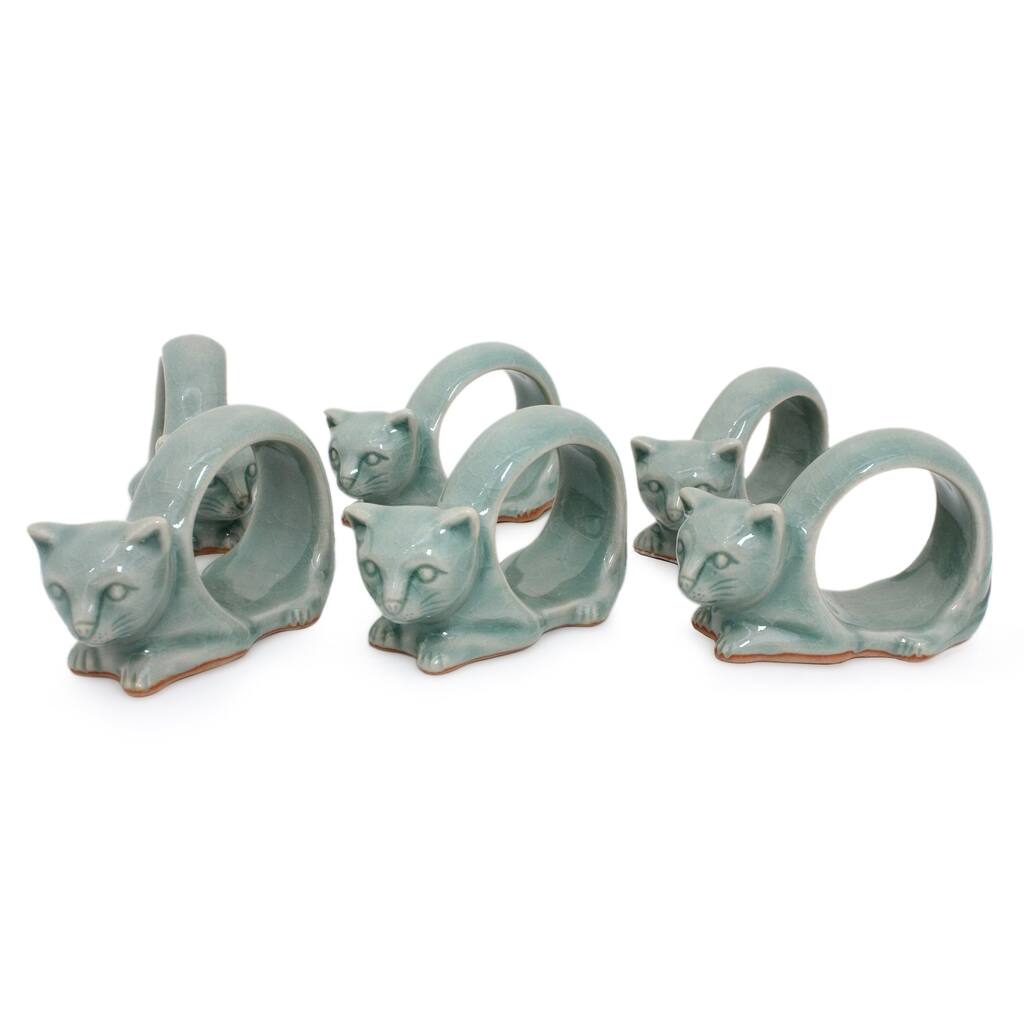 Handmade Set of 6 Celadon Ceramic 'Siamese Cat' Napkin Rings (Thailand)