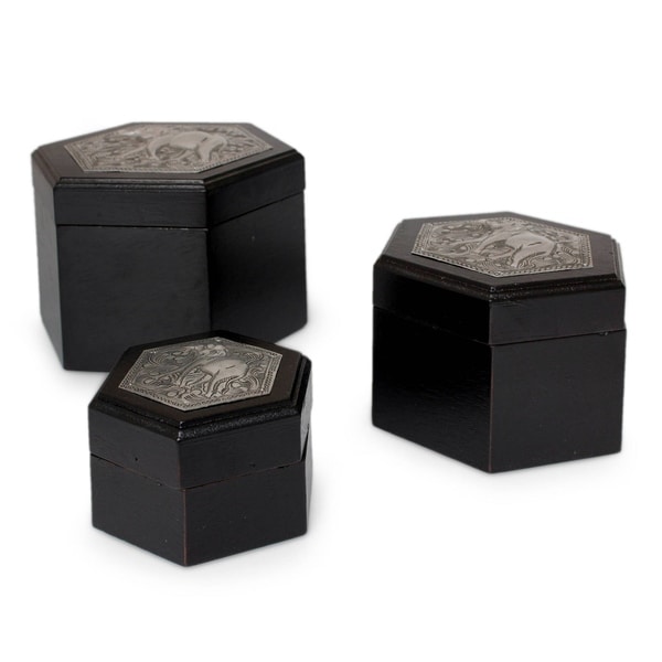 Handmade Set of 3 Raintree Wood 'Elephants In Paradise' Boxes (Thailand)