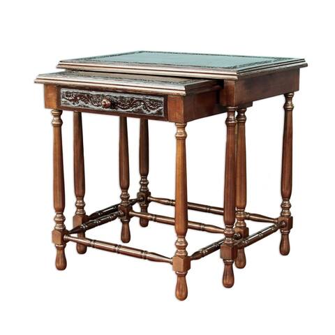 Handmade Classic Duo Set of 2 Dark Brown Hand Tooled Leather and Cedar Wood Nesting End Tables (Peru)
