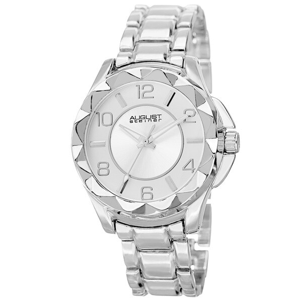 August Steiner Women's Pyramid Pattern Bezel Quartz Silver-Tone Bracelet Watch