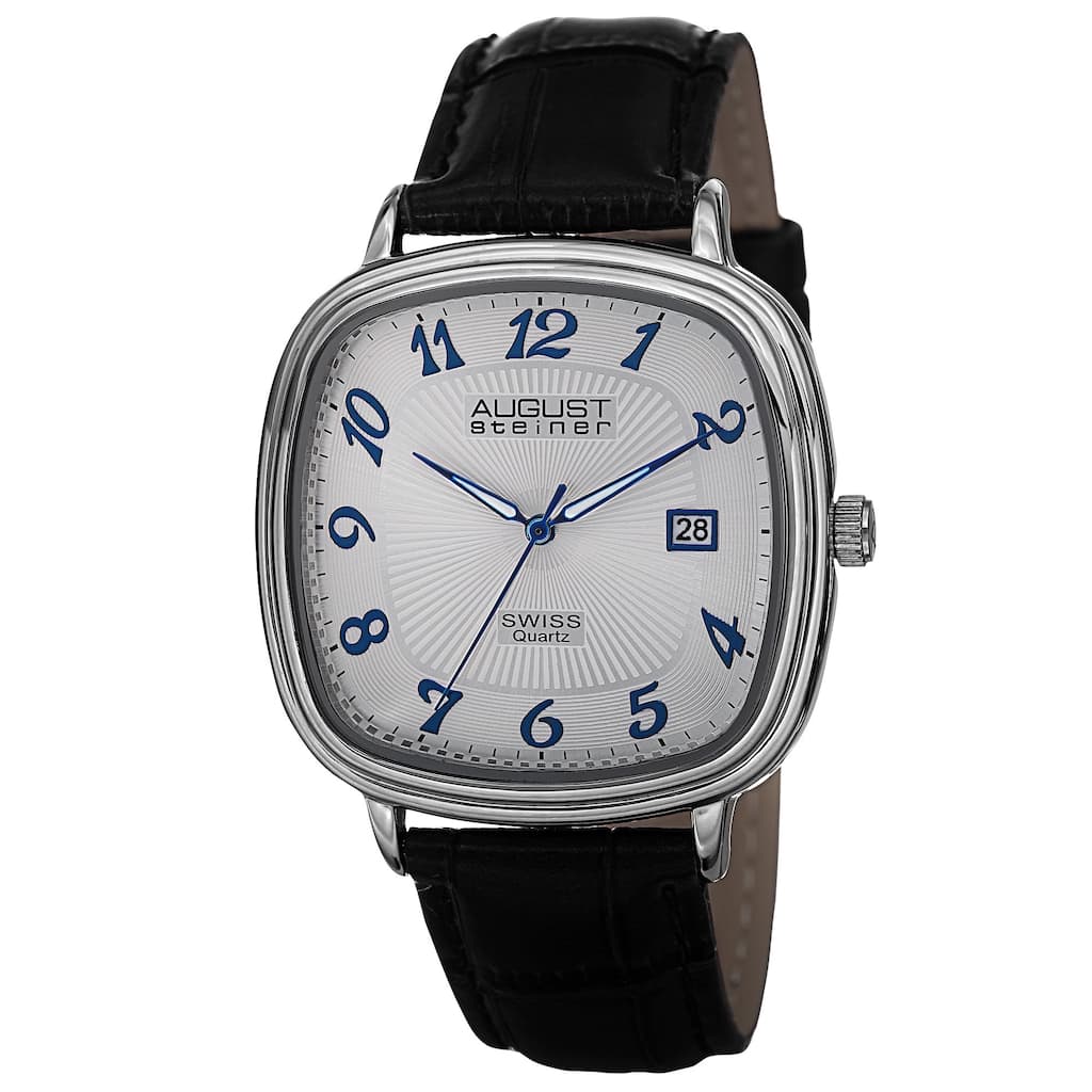 August Steiner Men's Swiss Quartz Etched Pattern Dial Leather Silver-Tone Strap Watch