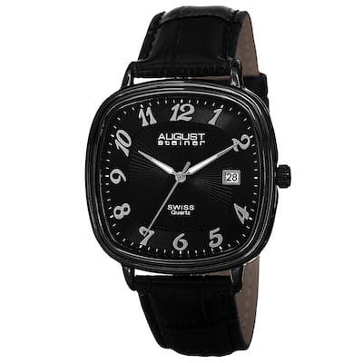 August Steiner Men's Swiss Quartz Etched Pattern Dial Leather Black Strap Watch