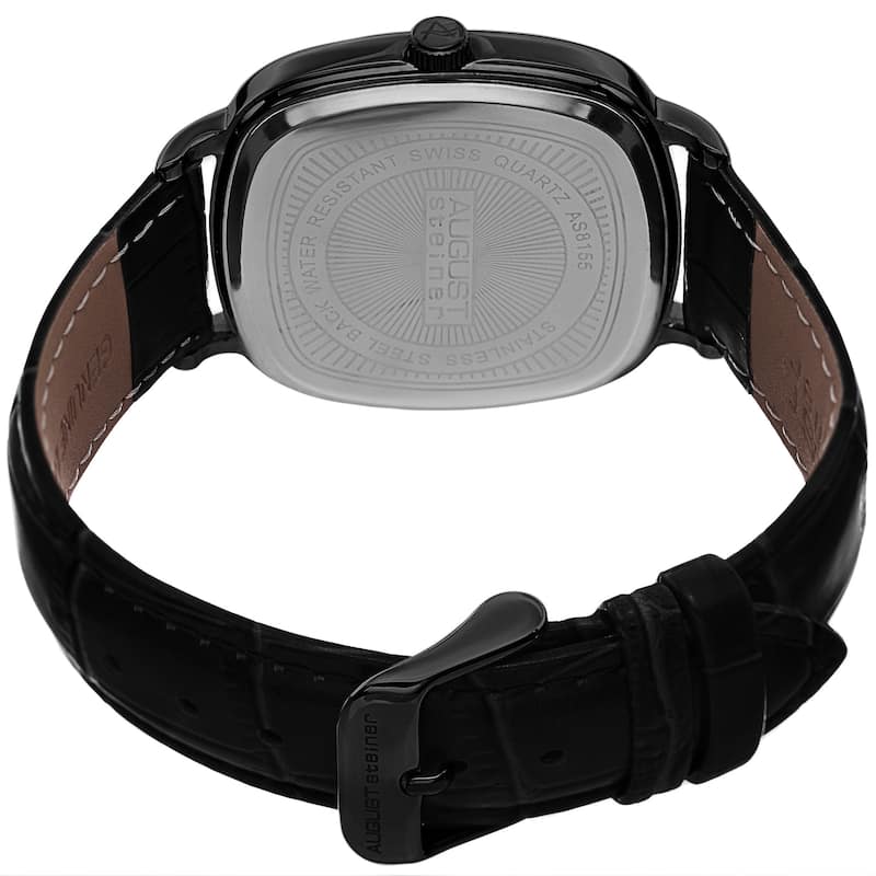 August Steiner Men's Swiss Quartz Etched Pattern Dial Leather Black Strap Watch