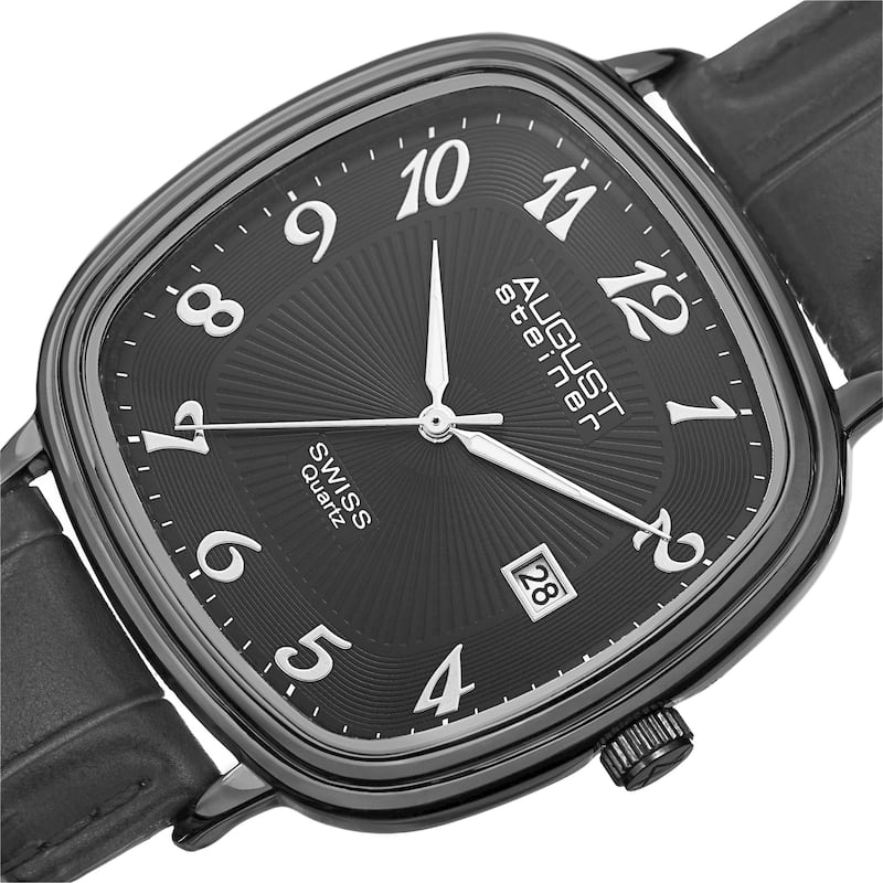 August Steiner Men's Swiss Quartz Etched Pattern Dial Leather Black Strap Watch