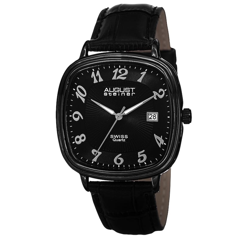 August Steiner Men's Swiss Quartz Etched Pattern Dial Leather Black Strap Watch