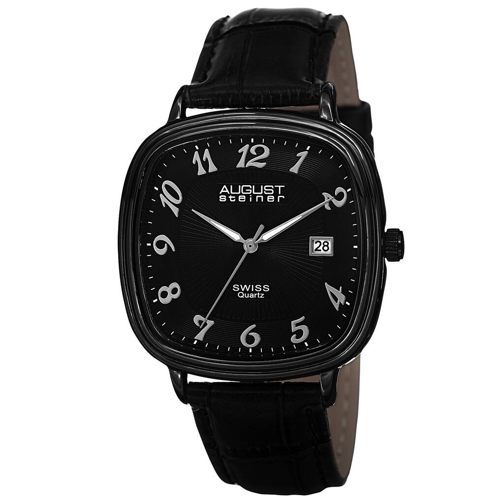 August Steiner Men's Swiss Quartz Etched Pattern Dial Leather Black Strap Watch