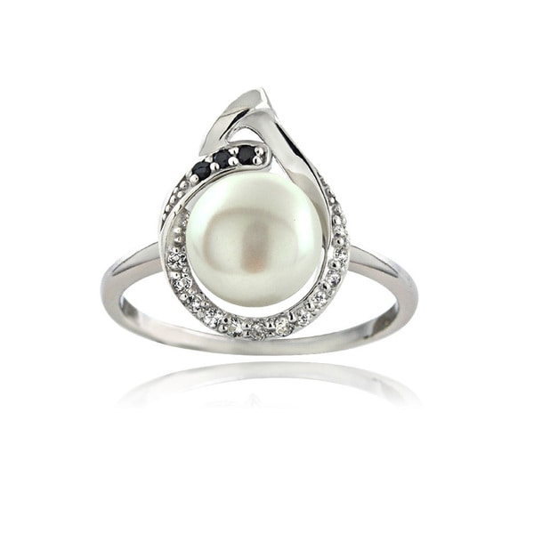 Glitzy Rocks Sterling Silver Pearl and Gemstone Teardrop Ring (8-9 mm)