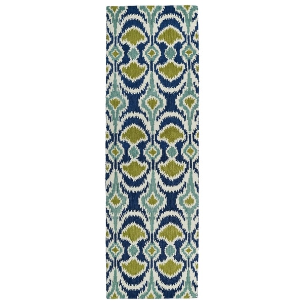 Hand-tufted de Leon Ikat Navy Wool Rug - 2'6" x 8'
