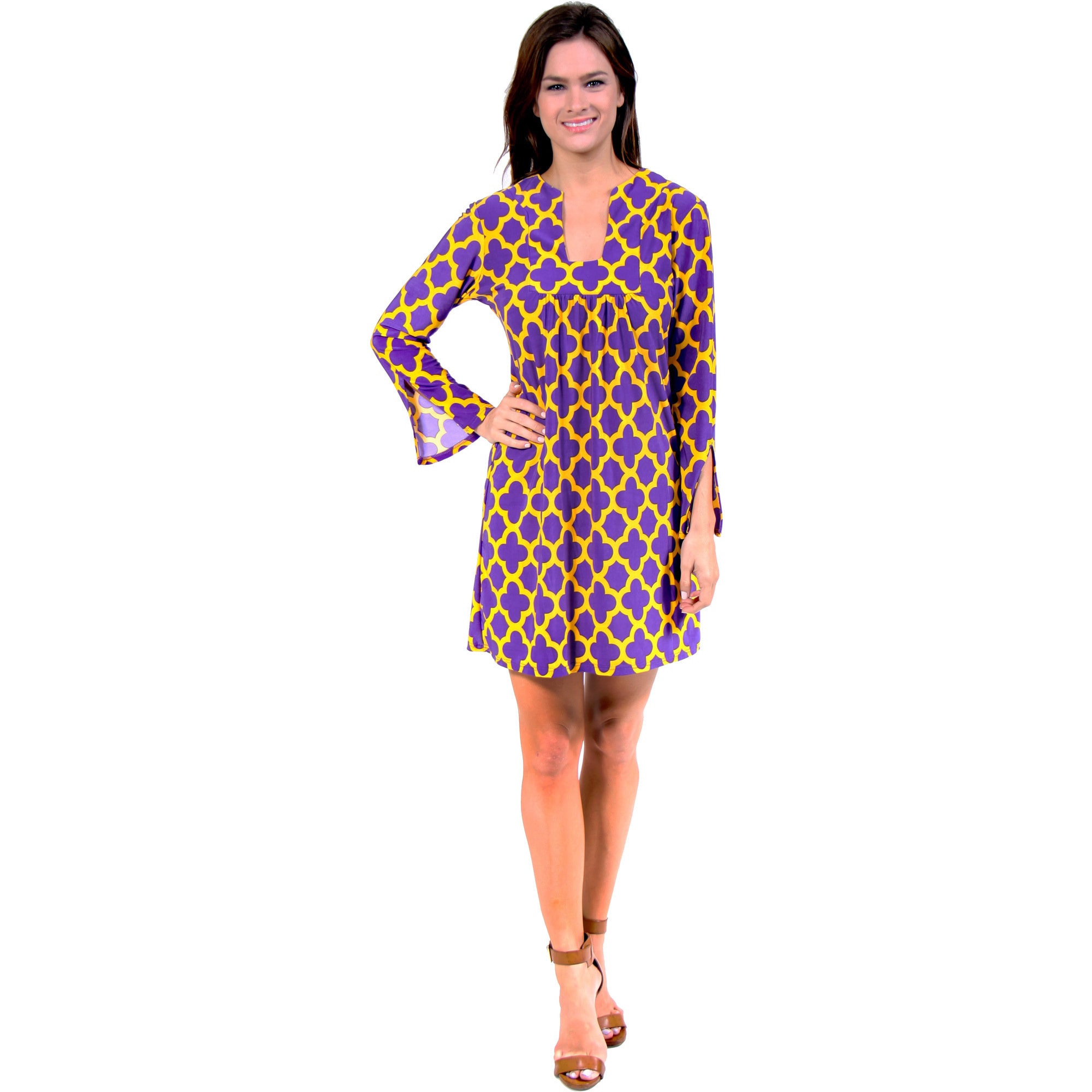 24/7 Comfort Apparel Purple and Yellow Relaxed Fit Dress  