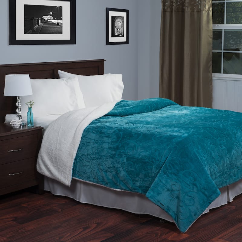 Floral Etched Fleece Blanket - Machine-Washable Sherpa Throw by Windsor Home - Twin - Teal