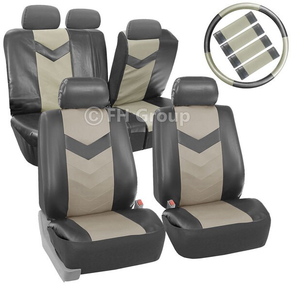 FH Group Tan/ Black Synthetic Leather Car Seat Covers (Full Set)