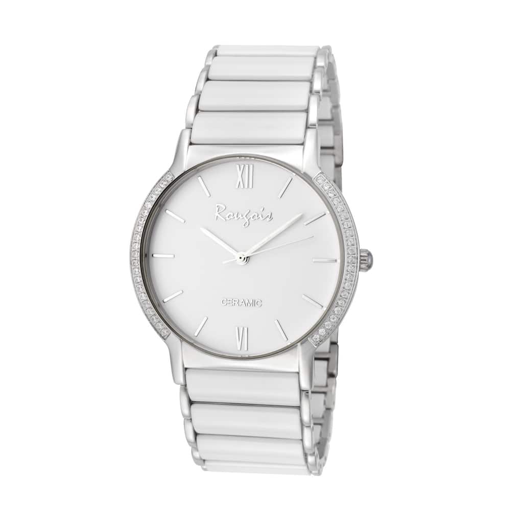 Rougois Men's Luxe Series White Ceramic Crystal Paved Bezel Watch