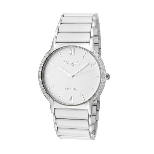 slide 1 of 1, Rougois Men's Luxe Series White Ceramic Crystal Paved Bezel Watch
