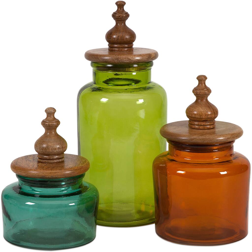 Saburo Glass and Wood Lid Canisters - Set of 3