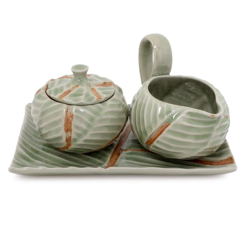 Handmade Celadon Set of 2 Ceramic Leaf Sugar Bowl and Creamer (Thailand)