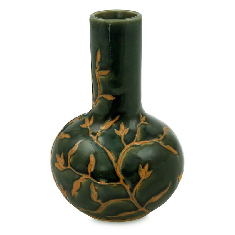Handmade Celadon Ceramic Forest Blooms Vase (Thailand)