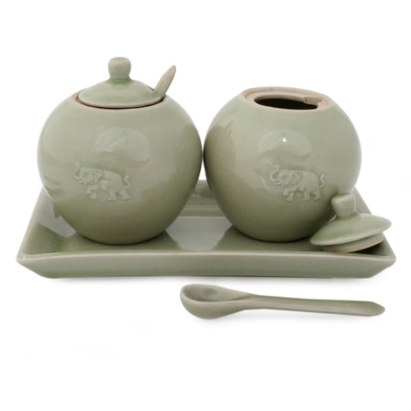 India Handicrafts Ceramic Condiment Set with Spoon and Lid