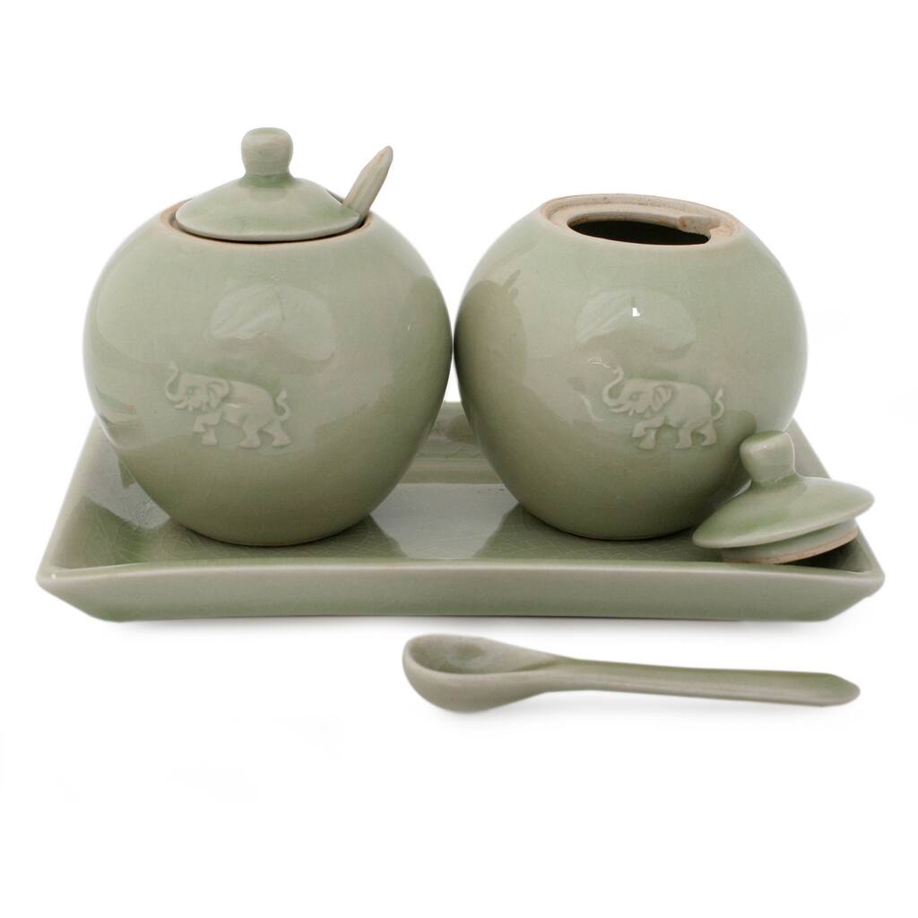 Handmade Set of 2 Celadon Ceramic 'Happy Elephant' Condiment Set (Thailand)