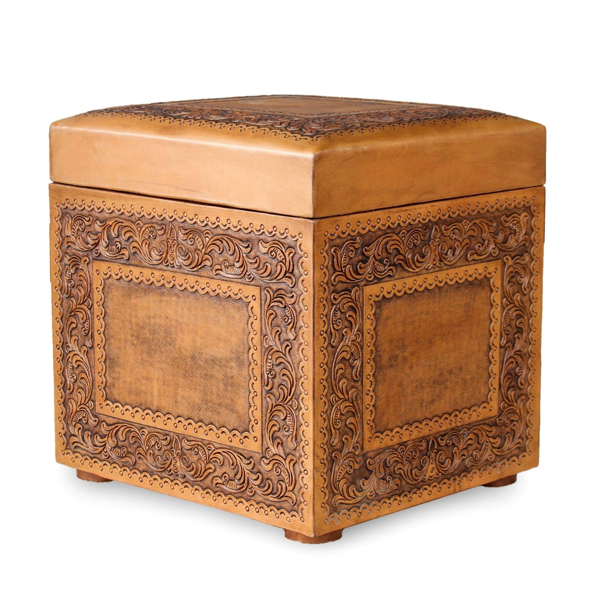 Golden Colonial Ivy Decorator Accent Brown And Tan Handmade Leather With Padded Top Cube Storage Ottoman Pouf Golden Colonial Ivy Decorator Accent Brown And Tan Handmade Leather With Padded Top Cube Storage Ottoman Pouf