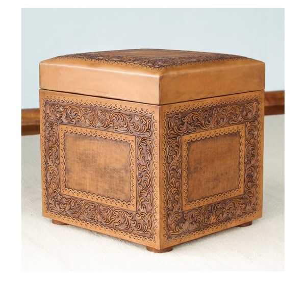 Golden Colonial Ivy Decorator Accent Brown and Tan Handmade Leather with Padded Top Cube Storage Ottoman Pouf (Peru)