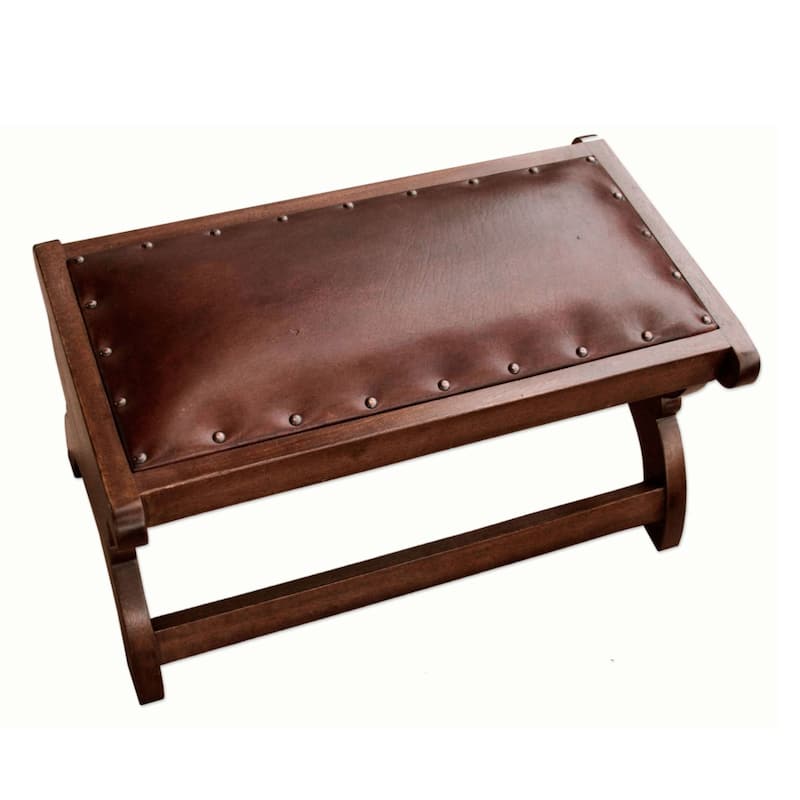 Handmade Mohena Wood Leather Elegance Ottoman (Peru) - Solid