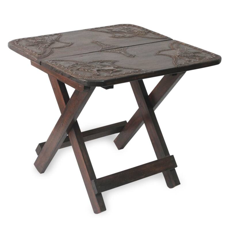 Handmade Sese Wood Brass 'African Savannah' Folding Table (Ghana) - Brown - Brass/Wood