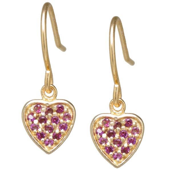 Gold over Sterling Silver Ruby Red Cubic Zirconia Heart-shaped Drop Earrings