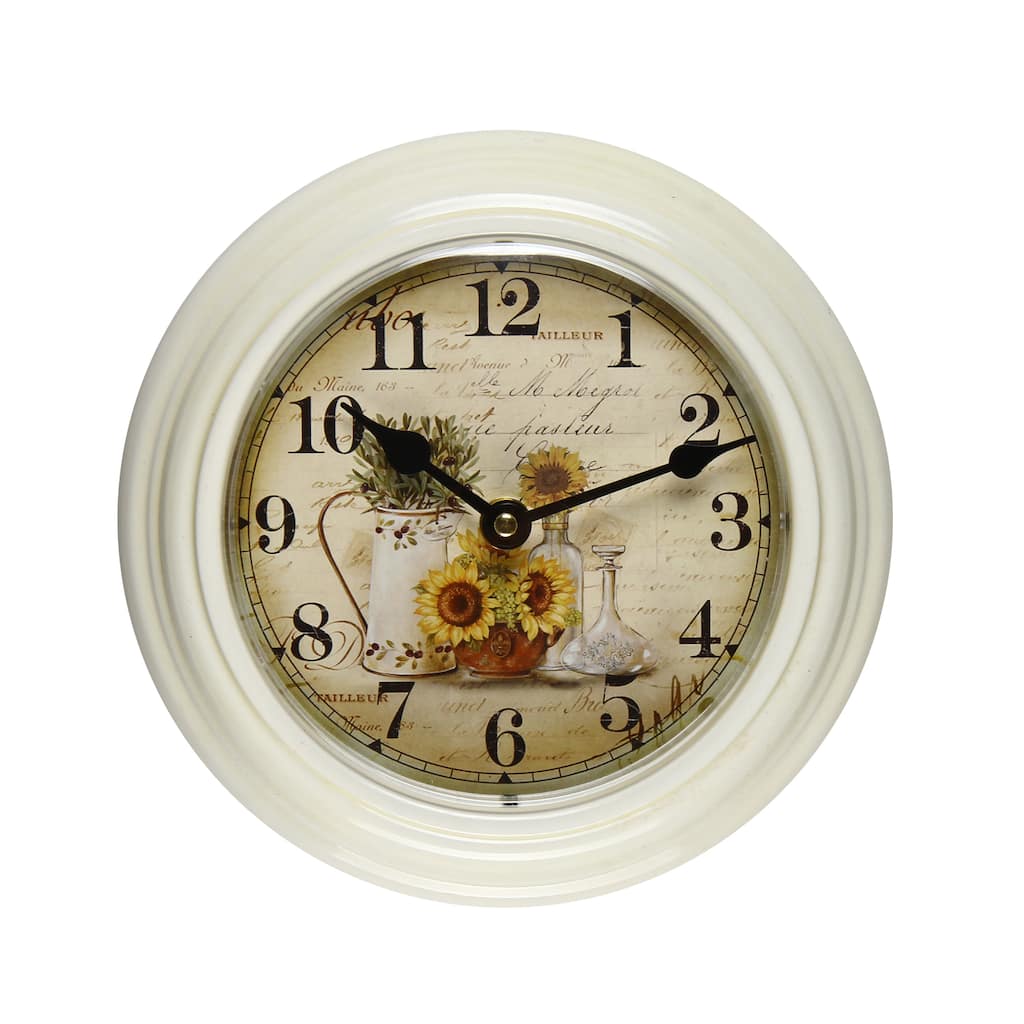 Adeco White Iron Watering Can and Sunflower Design Round Wall Hanging Clock